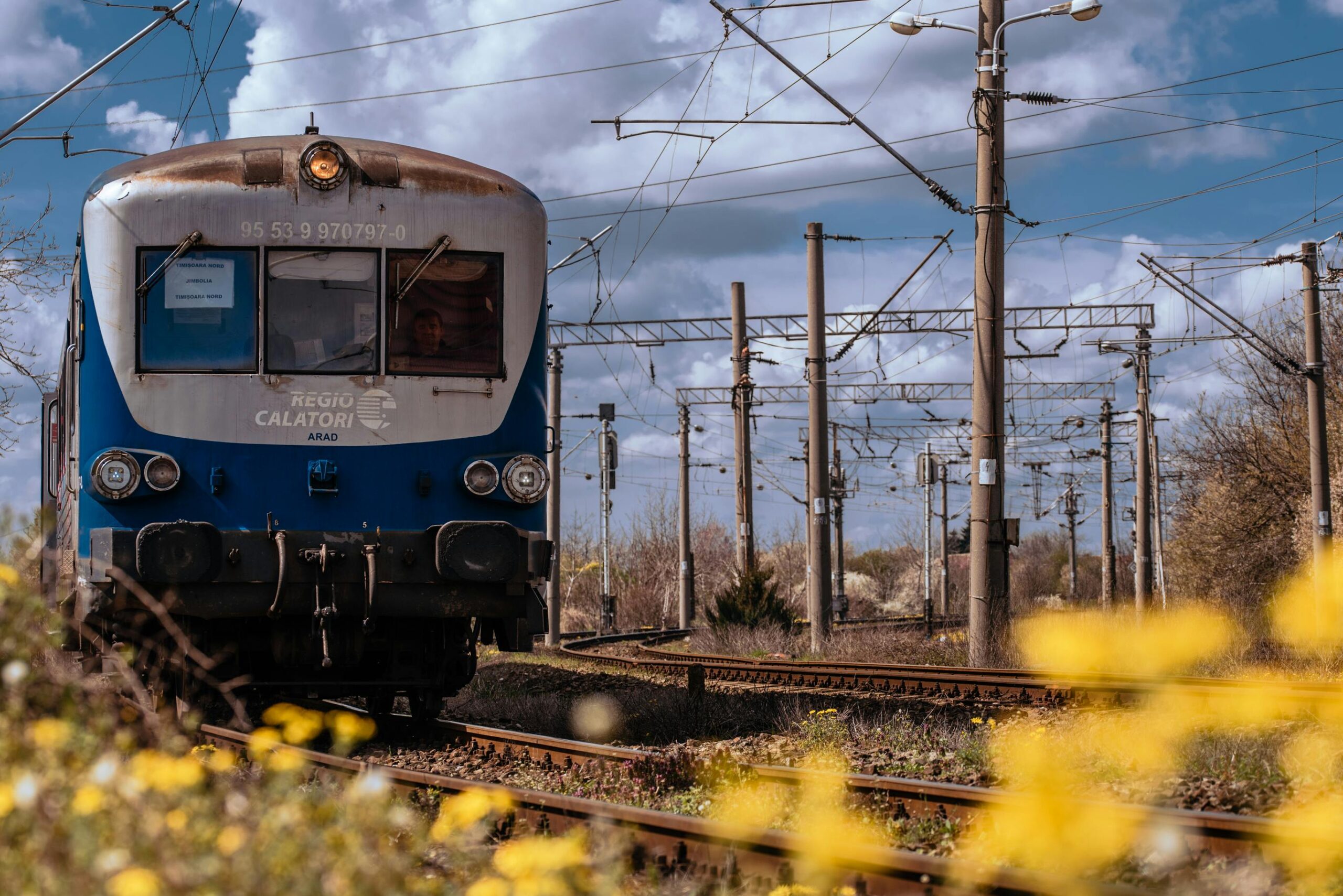 A blue electric train on railway tracks surrounded by spring flowers and power lines under a cloudy sky.