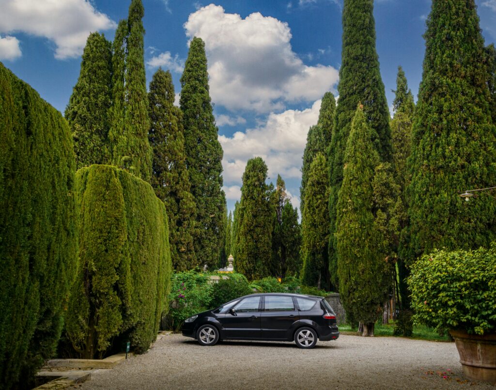 A black car parked in a beautiful Tuscan garden surrounded by lush cypress trees.