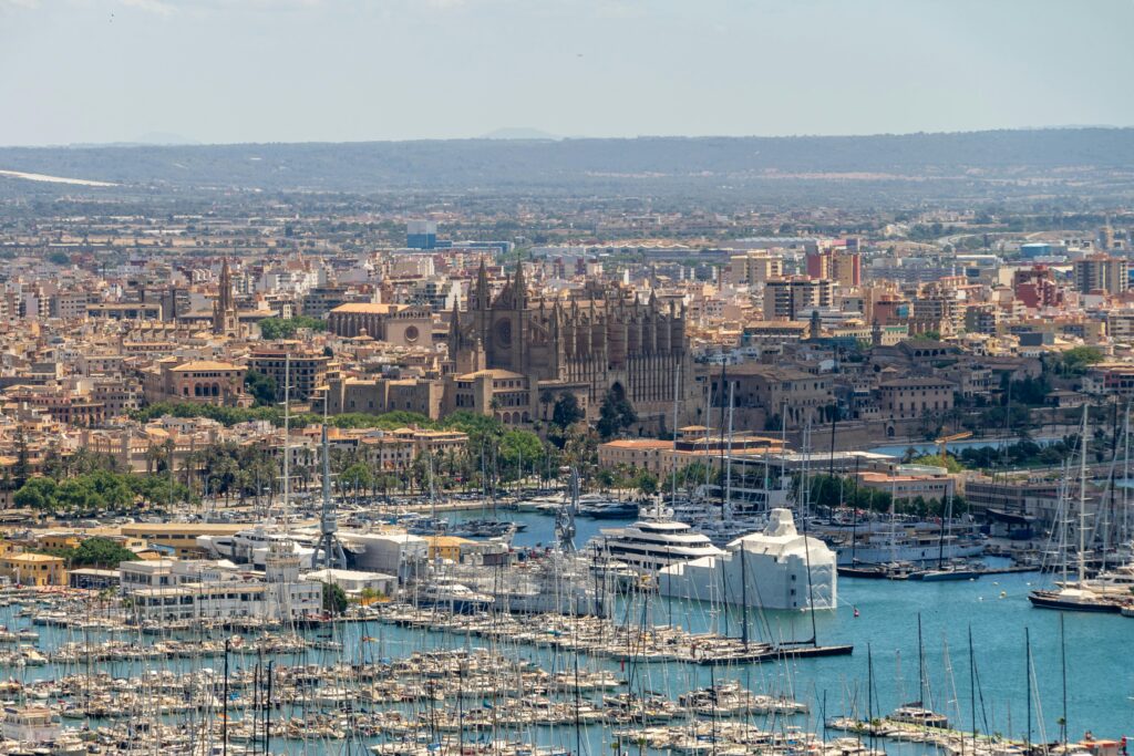 Palma de Mallorca skyline with La Seu Cathedral and marina